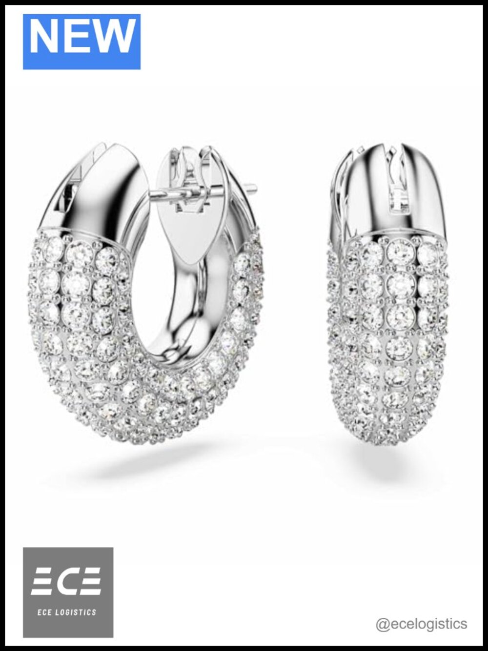 Crystal Pavé Hoop Earrings Rhodium Finish Hinged Hoop Pierced 5/8 Inch